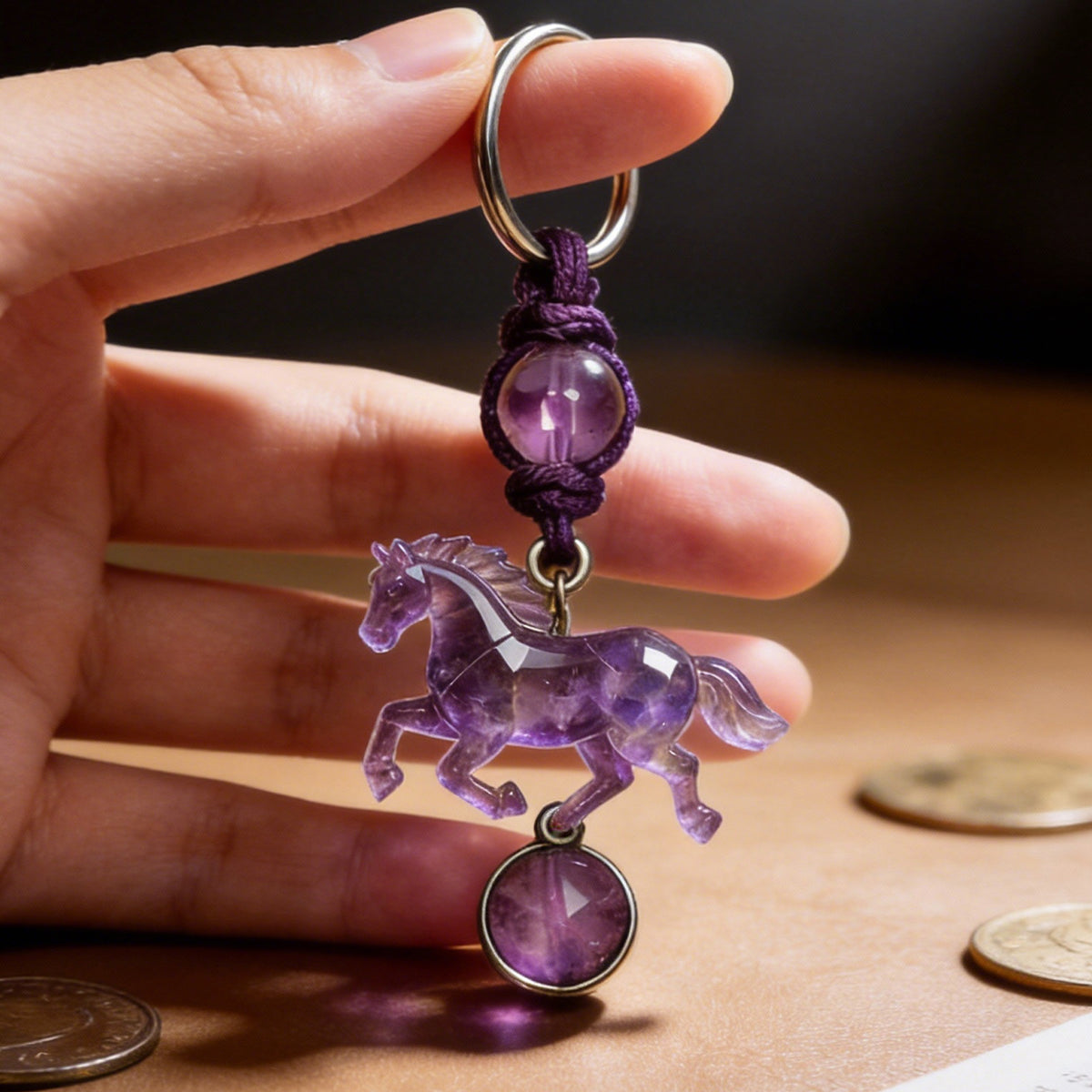Lucky Amethyst Crystal Horse Keychain - A Symbol of Wisdom & Success